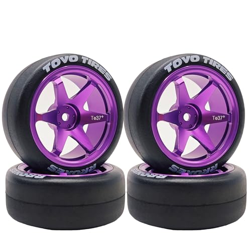 RC 1/10 Drift Tires & Aluminum Wheels 12mm Hex OD 65mm Hard Drift Racing Smooth Tyres for 1:10 1/12 Rally Street On Road Touring Car TT01 TT02 XV02 XV01 TA06 HPI KYOSHO PTG2 4PCS (Purple) - color: Purple