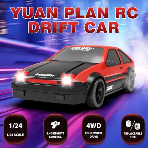 RC Drift Car, 1:24 Remote Control Cars 2.4GHz 4WD High Speed Drift RC Cars with LED Light Dritfing Tires Racing Hobby Toy Car for Boys Girls Kids Adults (Red) - color: A.red