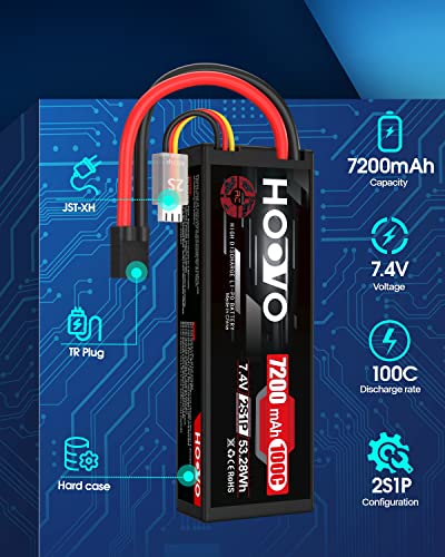 HOOVO 2S Lipo Battery 7.4V 7200mAh 100C RC Lipo Battery Pack TR Plug 2 Pack | Hard Case，Compatible with 1/8 and 1/10 RC Truck Vehicles RC Car Truggy Buggy Racing Models - style: 2S 7200mAh