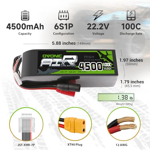 OVONIC 22.2V 100C 4500mAh 6S Lipo Battery with AS150-XT90 Plug for RC Car Boat Truck Helicopter Airplane Racing Models [Notice: XT90 Plug Conversion Cable to Be Purchased Separately]
