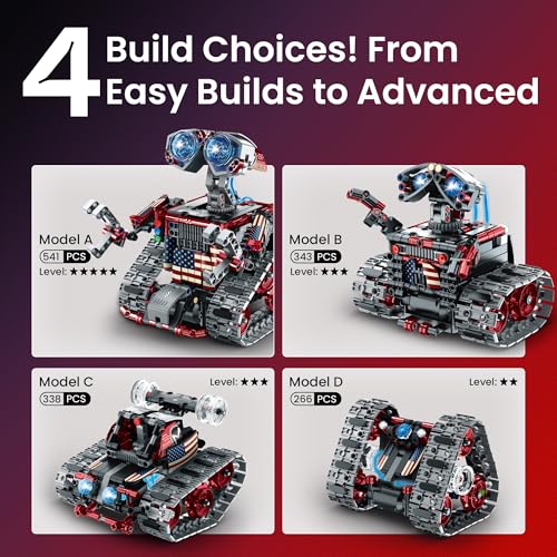 Sillbird Robot Building Kit STEM Gifts for Boys 8-12 with Remote Control | Coding Toys for Kids, Birthday Presents, App-Controlled, Build 4in1 Models, Rechargeable, Red Tracked Racer Car, 631 Pieces - color: 2-red