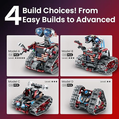 Sillbird Robot Building Kit STEM Gifts for Boys 8-12 with Remote Control | Coding Toys for Kids, Birthday Presents, App-Controlled, Build 4in1 Models, Rechargeable, Red Tracked Racer Car, 631 Pieces - color: 2-red