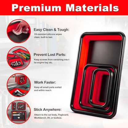 Collapsible Magnetic Parts Tray Set, 3 Different Sizes，Red | 3 Different Sizes, Extra Strong Magnet Up to 18LB, Silicone Foldable - color: Red