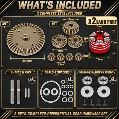 2 Sets Aluminum Differential Case & Gear 39T 22049 for Tamiya XV-02 MB-01 XM01 1/10 RC Car Upgrade Front Rear Gear Diff Replacement Hop-Up Parts, Red - color: Red