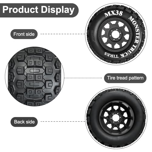LRFHL MX38 F/R 3.8" RC Tires and Wheels with 17mm Hex Adapter, 4PCS, Black | 1/7 1/8 RC Monster Truck Tires, for Arrma Notorious Outcast Kraton 6S Traxxas E-Revo RC Car Upgrade - color: Black Tires+ Black Wheels