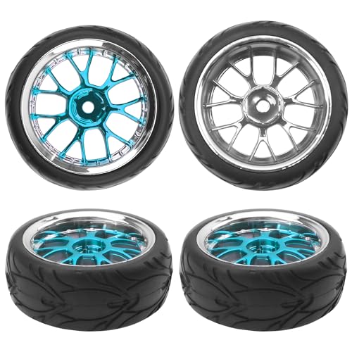 ShareGoo Plastics Wheel Rims w/Rubber Tire RC 12mm Hex Hub Compatible with HSP Tamiya XV01 TT01 Kyosho Traxxas Sakura WLtoys HSP 3Racing 1/10 RC On-Road Racing Touring Car (Blue) - color: Blue