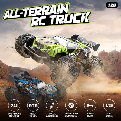 1/20 Scale Fast RC Cars, 20KM/H 4WD Off-Road High Speed Remote Control Trucks for Adults and Kids Boys, All Terrain Truck Toys Gifts Green