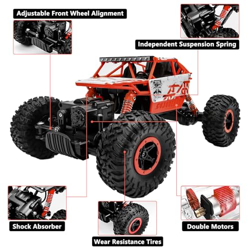 1:18 Rock Crawler 2.4Ghz Remote Control Car Off-Road Monster Truck Red | 4WD Car,2 Rechagerbale Battery,LED Headlight,for Adults and Kids - color: Red
