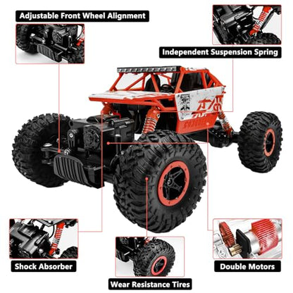 1:18 Rock Crawler 2.4Ghz Remote Control Car Off-Road Monster Truck Red | 4WD Car,2 Rechagerbale Battery,LED Headlight,for Adults and Kids - color: Red