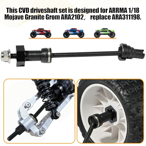 Hardened Steel CVD Driveshaft Front Rear with Hexs, Nuts, Drive Center Cup, Drivershaft Dogbone CVD Compatible with ARRMA 1/18 Mojave Granite GROM ARA2102, Replace #ARA311198 (Black,Black) - color: Black-black