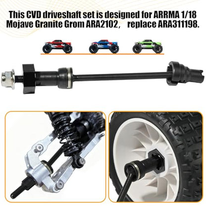 Hardened Steel CVD Driveshaft Front Rear with Hexs, Nuts, Drive Center Cup, Drivershaft Dogbone CVD Compatible with ARRMA 1/18 Mojave Granite GROM ARA2102, Replace #ARA311198 (Black,Black) - color: Black-black