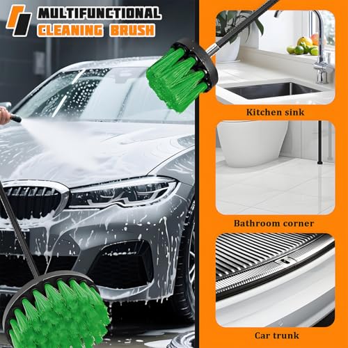 4PCS Drill Brush Attachment Kit with Extension Rod, Green | PP bristles with steel shafts, three brush sizes, quick-change extension rod, follows curved surfaces, compact storage - color: Green