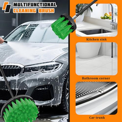 4PCS Drill Brush Attachment Kit with Extension Rod, Green | PP bristles with steel shafts, three brush sizes, quick-change extension rod, follows curved surfaces, compact storage - color: Green