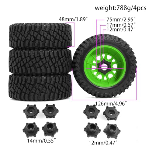 1/7 1/8 1/10 RC Short Course Truck Tires OD 4.96"And Wheels 12mm 14mm 17mm Hex For 1:10 1:8 1:7 Scale Off Road Truck Car ARRMA Mojave 4S 6S TRAXXAS Slash 2WD FS FSR Axial Losi Rc4wd (Green) - color: Green