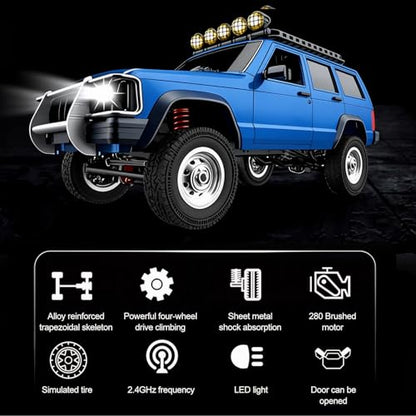 Goolsky RC Rock Crawler, 1:12 Scale Remote Control Car, 4WD Off Road RC Truck, 2.4Ghz All Terrains Climbing Vehicle, RC Car with LED Lights for Adults, Include 2 Batteries (Blue) - color: Blue