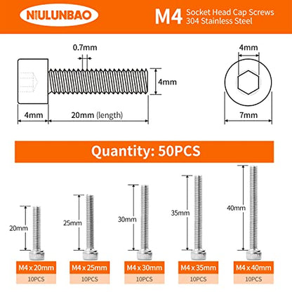 M4 x 20mm 25mm 30mm 35mm 40mm Hex Socket Head Cap Screws Bolts, 304 Stainless Steel, Metric Machine Fully Threaded, Bright Finish, Allen Hex Drive, Assortment Kit 50PCS - size: M4 x 20/25/30/35/40mm (50PCS)