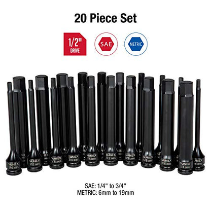 SUNEX TOOLS 2637L 20pc 1/2" Drive Impact Hex Driver Master Set 6in. ¼” to 9/32” and 6mm to 17mm, ,