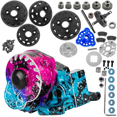 Aluminum Gearbox Transmission Case w/Spur Gear Upgrades Part for 1/10 Slash/Rustler/Stampede/Bandit 2WD (VXL) Drag Slash/Bigfoot,RC Gearbox Hops Up,Replace #9495,Colorful(Pink Blue Tone) - color: Colorful(pink Blue Tone) - (Gearbox)