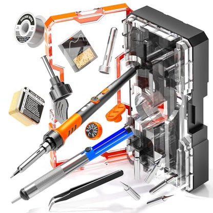 Soldering Iron Premium Kit, 60W Soldering Gun with Ceramic Heater, 12-in-1 Soldering Tool, Adjustable Temperature 200 to 450°C, Includes Soldering Iron Tip, Solder Wire, Pump and Paste - color: ‎orange