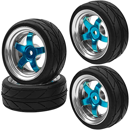 2.59in Rubber Tires & 12mm Hex Plastic Wheel Rims Set Compatible with Traxxas Kyosho HPI Tamiya Associated 1/10 RC On-Road Touring Car (Blue)