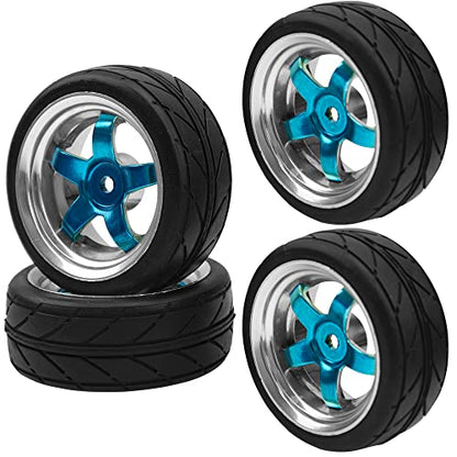 2.59in Rubber Tires & 12mm Hex Plastic Wheel Rims Set Compatible with Traxxas Kyosho HPI Tamiya Associated 1/10 RC On-Road Touring Car (Blue)