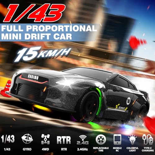 1/43 RC Drift Car, Mini Drifting RC Car with Gyro 2.4GHz Full Proportional Drift Cars 4WD RTR Remote Control Cars with Colorful Lights High Speed Fast Racing Vehicle Gift for Kids Boys Adults - color: Silver+bk