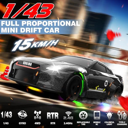 1/43 RC Drift Car, Mini Drifting RC Car with Gyro 2.4GHz Full Proportional Drift Cars 4WD RTR Remote Control Cars with Colorful Lights High Speed Fast Racing Vehicle Gift for Kids Boys Adults - color: Silver+bk