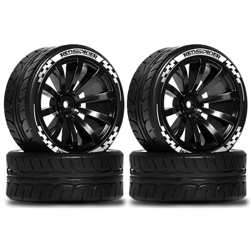 STMU 2.56" RC On-Road Tires & Wheel Set Rubber Tires with Plastic Rims 12mm Hex Compatible with 1/10 Scale Touring Cars HSP Tamiya Kyosho Traxxas Sakura WLtoys (Black) - color: Black