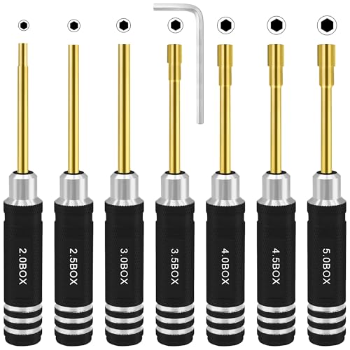RC Nut Driver Set - Hex Nut Screwdriver Set 2.0mm 2.5mm 3.0mm 3.5mm 4.0mm 4.5mm 5.0mm RC Car Repair Tool Kit for Axial SCX24 Wheel Fixing RC Models Car Boat Helicopter 7Pcs Black