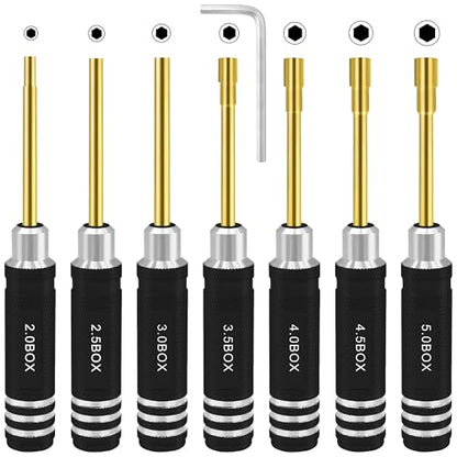 RC Nut Driver Set - Hex Nut Screwdriver Set 2.0mm 2.5mm 3.0mm 3.5mm 4.0mm 4.5mm 5.0mm RC Car Repair Tool Kit for Axial SCX24 Wheel Fixing RC Models Car Boat Helicopter 7Pcs Black