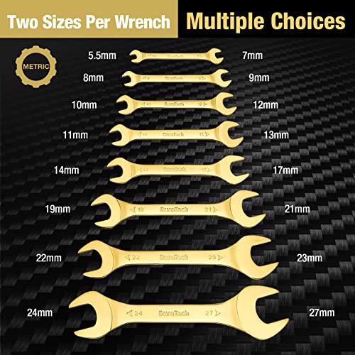 DURATECH Super-Thin Open End Wrench Set, 8-Piece, Metric | Slim Wrench Set, 5.5, 7, 8, 9, 10, 11, 12, 13, 14, 17, 19, 21, 22, 23, 24, 27 mm, Titanium Plating, Rolling Pouch - color: Gold, size: Metric