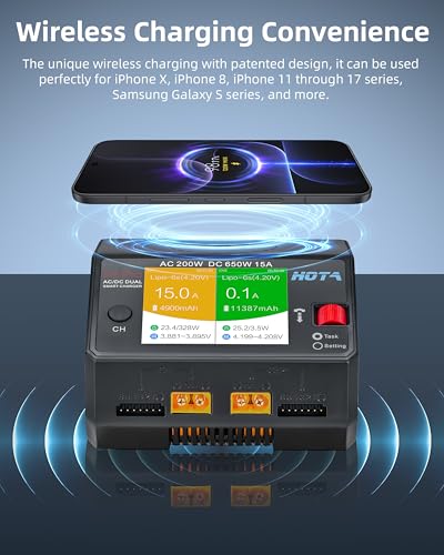 HOTA D6 Pro Lipo Battery Charger,Dual Channel 15A AC200W DC650W Smart Balance Charger with Wireless Charging Panel USB Output for 1-6S LiPo LiHV NiMH Pb Batteries RC Car Boat FPV (Black) - color: Black