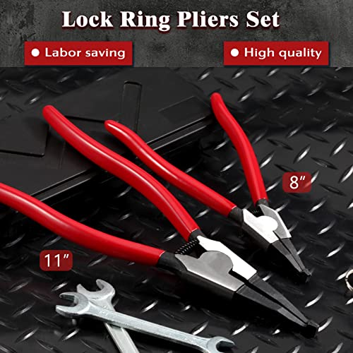 2 PCS Heavy Duty Lock Ring Pliers Set Flat Snap Ring Plier Special Circlip Pliers Reverse Retaining Ring Plier for Transmission Transfer Cases Ring Opening - size: 8" & 11"