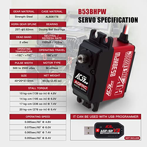 AGFRC 0.055Sec High-Speed Waterproof RC-Steering-Servo-Motor - 20KG Upgraded Brushless Digital Servo with Metal Gear for 1/10 RC Car Boat Crawler(B53BHPW) - style: B53BHPW