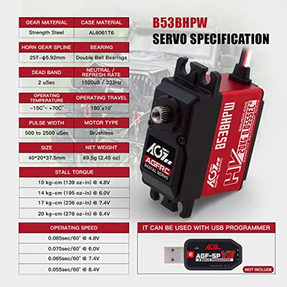 AGFRC 0.055Sec High-Speed Waterproof RC-Steering-Servo-Motor - 20KG Upgraded Brushless Digital Servo with Metal Gear for 1/10 RC Car Boat Crawler(B53BHPW) - style: B53BHPW