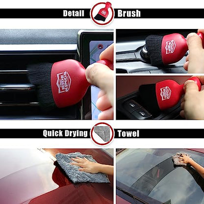 Car Interior Detailing Kit - Red Duster & Brush, Towel | Sweeps dash & vents. Soft fleece cloth absorbs dirt scratch-free. Perfect auto care gift box for narrow gaps & buttons. - color: Detailingbrushset2024