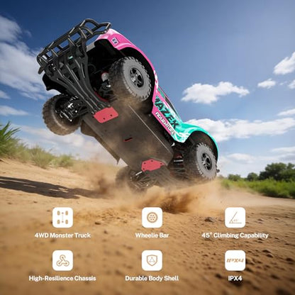 Hosim 1/10 RC Truck 4WD Brushless Buggy Cars, MAZEK RTR 62+ MPH Hobby Grade High Speed Remote Control Car for Adults & Teens Off-Road Bashing, Rock Crawling, Racing Waterproof Electric Monster Trucks - color: Pink