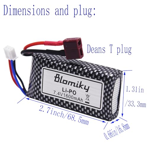Blomiky 2 Pack 11.84Wh 7.4V 1600mAh Li-po Rechargeable Battery and USB Cable Suitable for Some 1/10 1/12 Scales RC Truck Cars 25-DJ02 / 7.4V 1600mAh 2