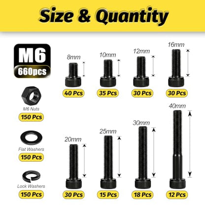 Kadrick M6 Screw Assortment Kit 660PCS,M6x8mm-40mm Bolts with Nuts,Washers & Hex Wrench, Class 12.9 Socket Head Cap M6 Screws, Black Zinc Plated, for DIY, Industrial & Mechanical Use - size: M6 660Pcs New