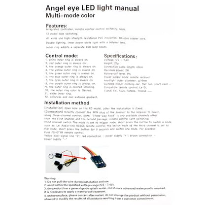 IP6 Waterproof LED Light Kit Headlights Angel Eyes with 12 Modes for TRX-4 SCX10 RC4WD 1/10 RC Climbing Rock Crawler Flat Run Short Card Model Car