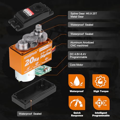 HobbyPark Waterproof Servo 20KG Servo Motor High Torque RC Servo Metal Gear Digital Servo with 25T Servo Horn for 1/10 1/12 RC Car Robot DIY Control Angle 180°, 0.09sec