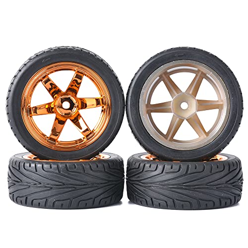 4PCS RC Car Rubber Tires and Plastic Wheels Rims Compatible with 1/10 Scale On Road Touring Racing Flat Drift Car for HSP HPI Tamiya (Orange) - color: Orange