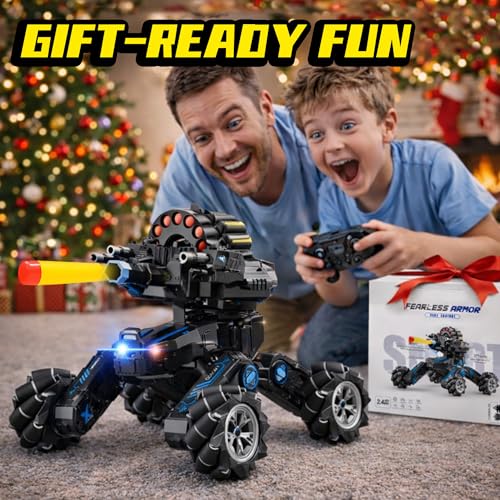 RC Tank Car with Drift, Hand Gesture Control Stunt Truck | 2.4GHz Remote Control, Hand Gesture Control Dual Mode Car, Spray, Music & LED Lights, Deformable Stunt Truck - color: Black & Soft Bullets