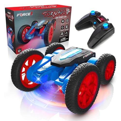 Force1 Tornado Red LED Remote Control Car for Kids- Double Sided Driving Fast RC Cars 360 Flips, Outdoor 4WD Off Road Stunt RC Car, All Terrain Tires, RC Crawler Rechargeable Battery, 2.4GHz Remote - color: Red Tornado