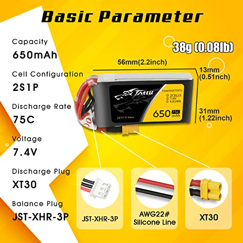 TATTU 650mAh 2S 7.4V 75C LiPo Battery Pack with XT30 Plug for 120 Size FPV Torrent 110