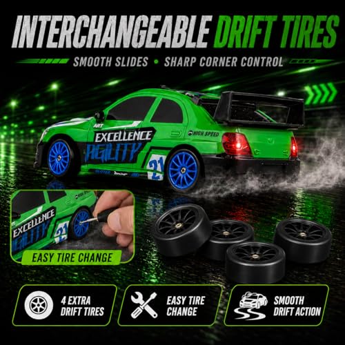 Liberty Imports RC Drift Car 1/24 2.4GHz 4WD Remote Control Sport Racing On-Road Vehicle with LED Light, Batteries and Drift Tires (Style 3) - style: Green