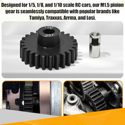 M1.5 25T Pinion Gear 8mm Bore with 8mm to 5mm Shaft Adapter Sleeve, Chromium Steel Motor Gear with Set Screw & Hex Key for Traxxas ARRMA Losi 1/5 1/8 RC Cars - size: 25T