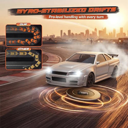 [2026 Upgrade 1/43 Mini RC Drift Car with Gyroscope, 4WD RTR | Gyro Mini Drift RC Car, 1/43 RC Drift Car Toys for Kids Ages 8-14, Birthday Gifts for Boys Girls, 2 Tire Sets, 8 Cones - color: Silver