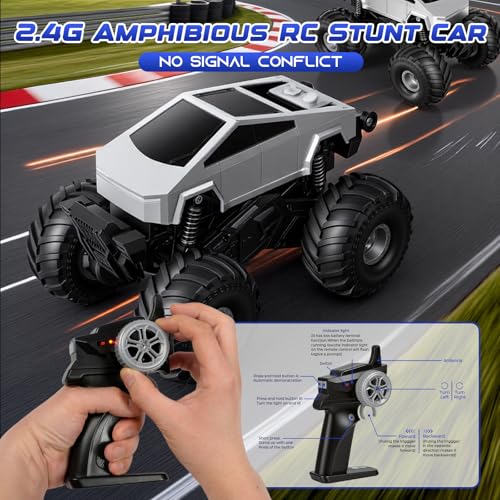 1:18 Amphibious 4WD Cyber RC Monster Truck, 2.4GHz Waterproof Stunt Car w/Charging Dock Gift for Boys 4+ - color: Silvery