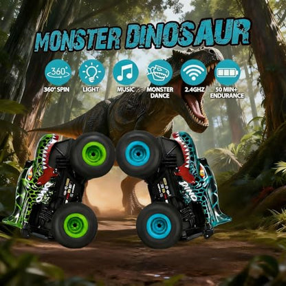 DYODYORC Remote Control Car, 2.4Ghz All Terrain Dinosaur Monster Truck Toys, RC Truck with Music, 3 Lighting Effects, 360 Stunt Capable, 2 Batteries Ready to Run, Toy Gifts for Boys and Girls (Cyan) - color: Cyan Dinosaur